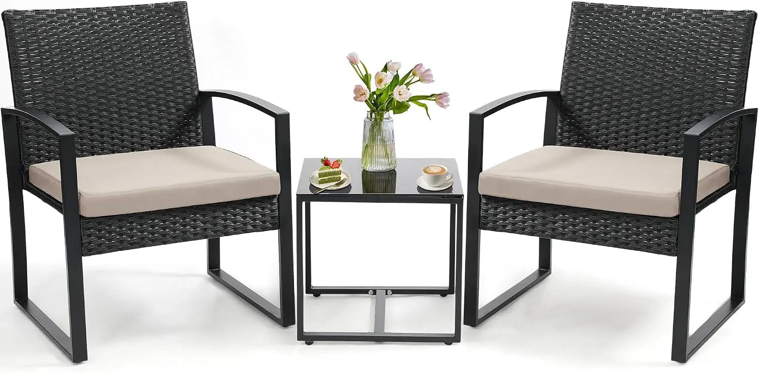 3 Piece Outdoor Wicker Bistro Set Rattan Patio Conversation Set with Coffee Table and Washable Cushions