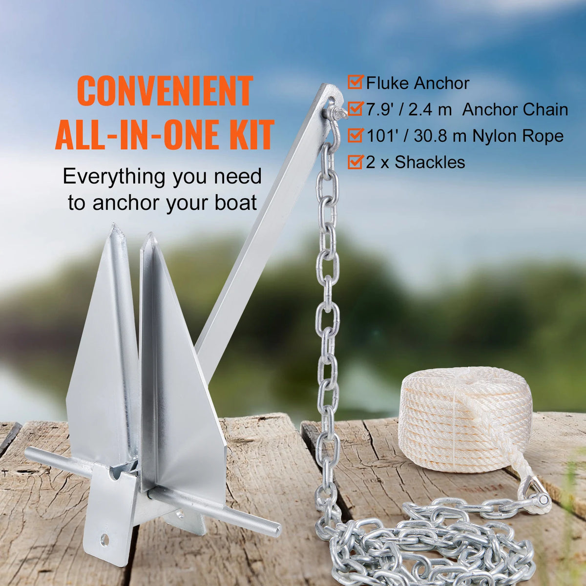Fluke Style Anchor Kit, 13 LBS Hot-Dipped Galvanized Steel Fluke Anchor with 7.9' Chain 101' Rope and Two 0.4" Shackles