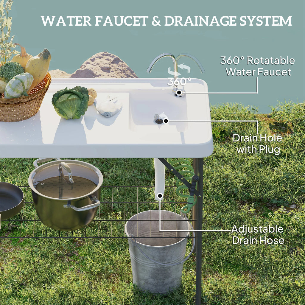 Folding Fish Cleaning Table with Sink, Faucet, Sprayer, White