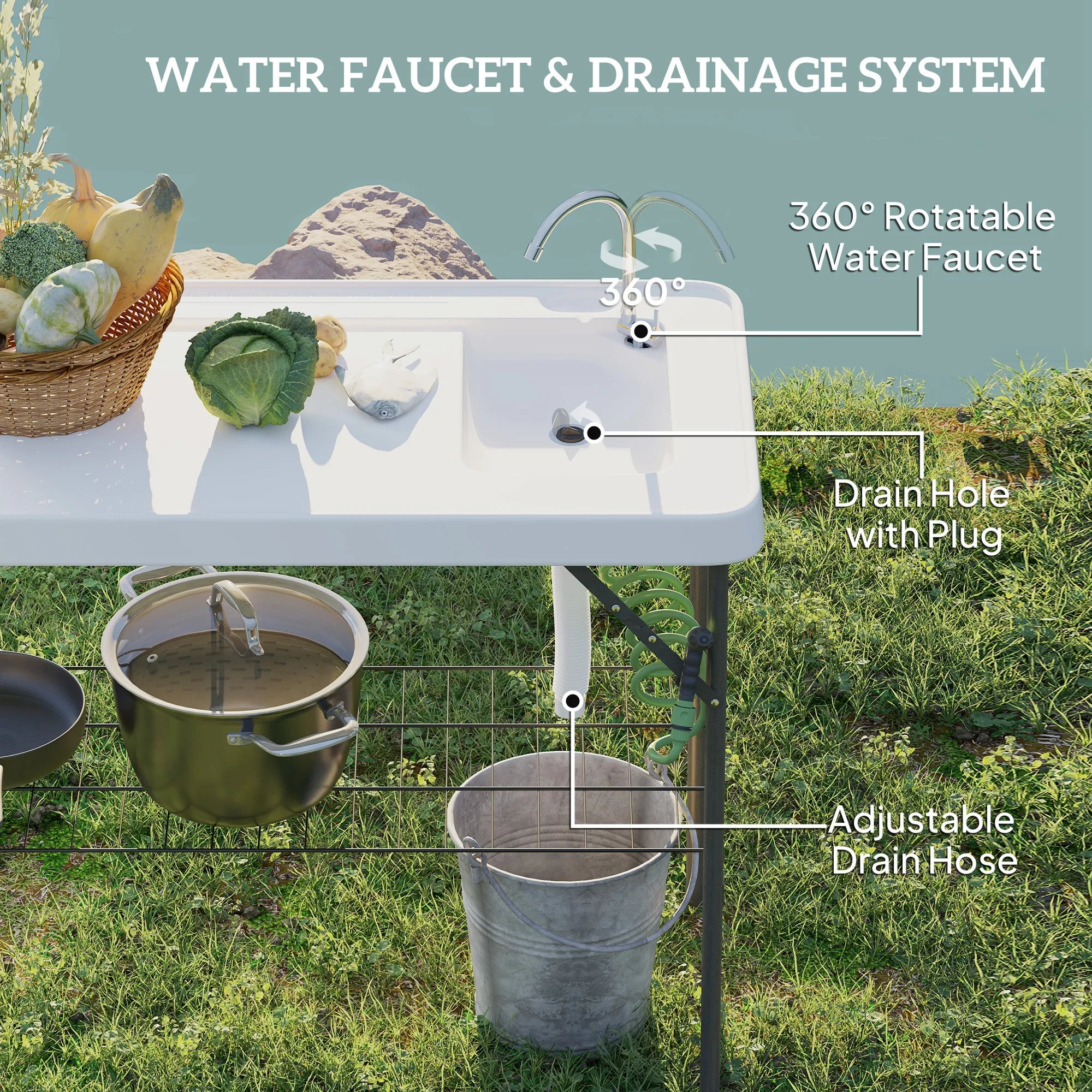 Folding Fish Cleaning Table with Sink, Faucet, Sprayer, White