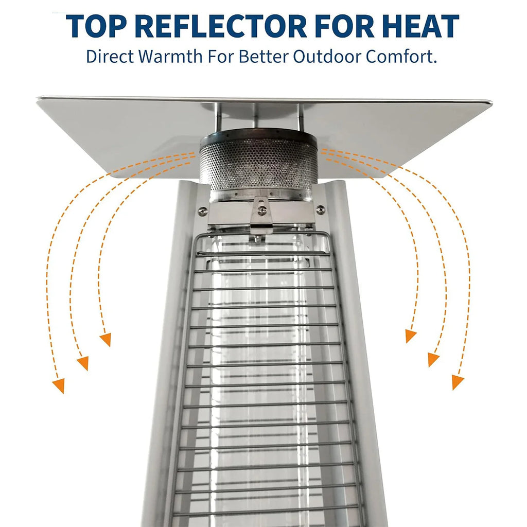 Pyramid Propane Patio Heater with Glass Tube Flame with Wheels Adjustable Heat Control Standing Heater for Patio Deck Garden Poolside Outdoor Dining