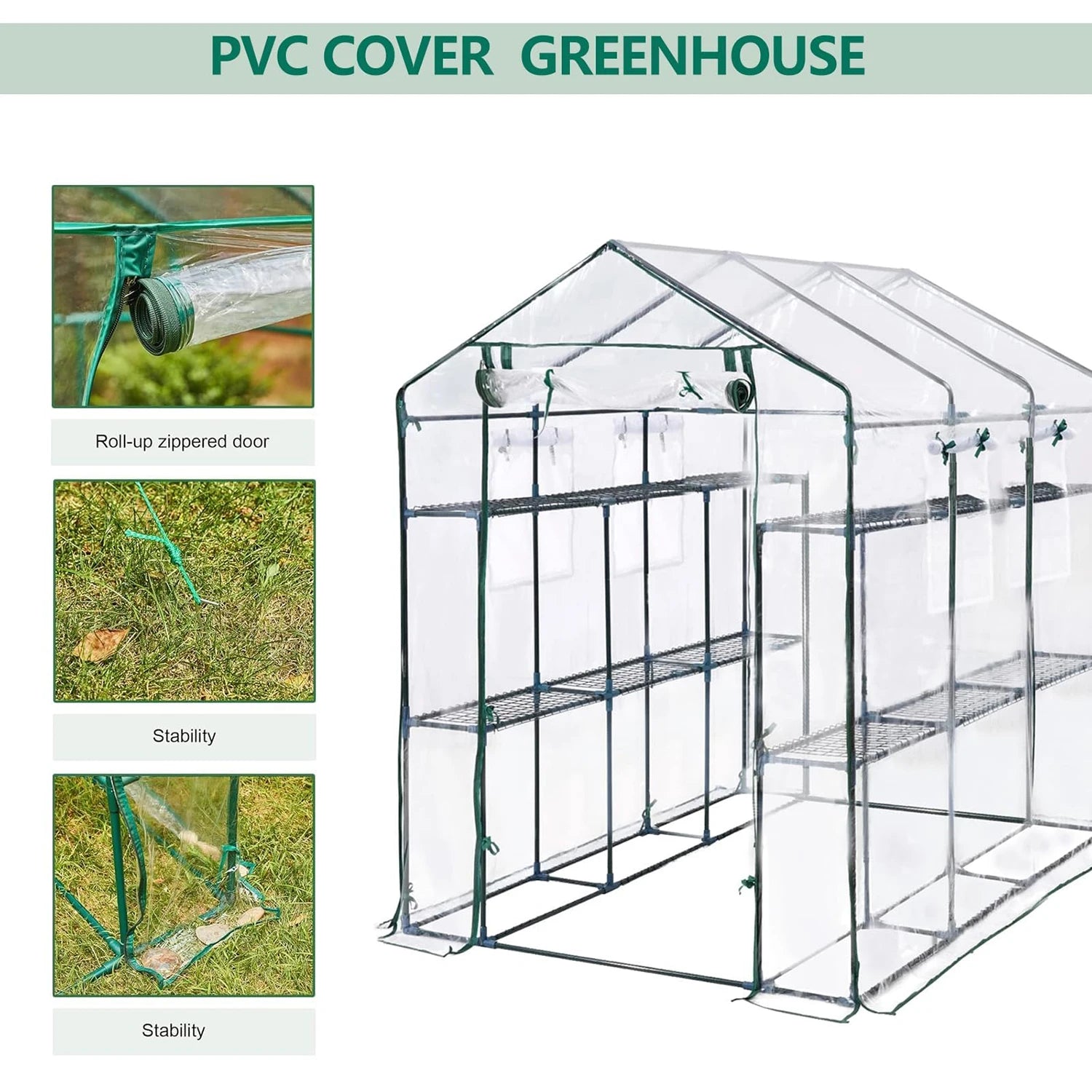 57x85x77in Walk-In Greenhouse With 8 Shelves, PE Cover, Mesh Windows & Zipper Door, Heavy Duty Plant House