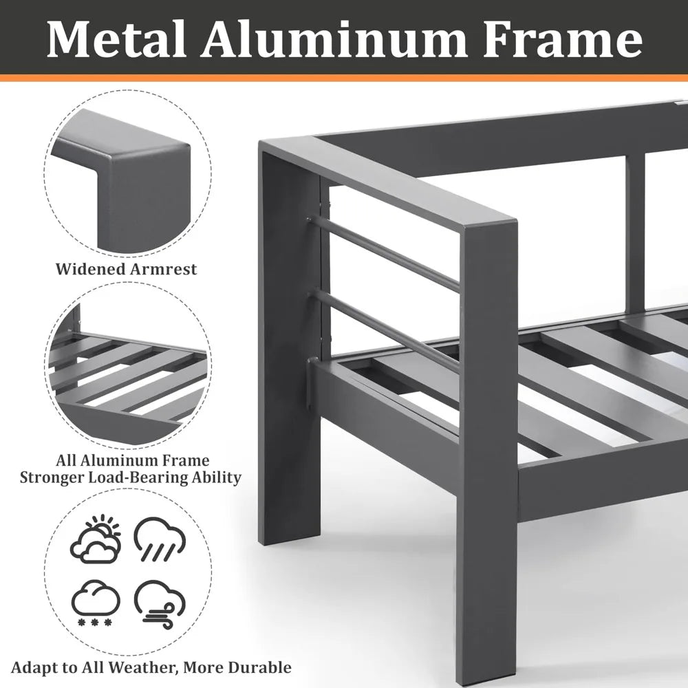 Outdoor Couch Aluminum Patio Furniture Sofa with 5" Thick and Soft Cushion and Wide Arm