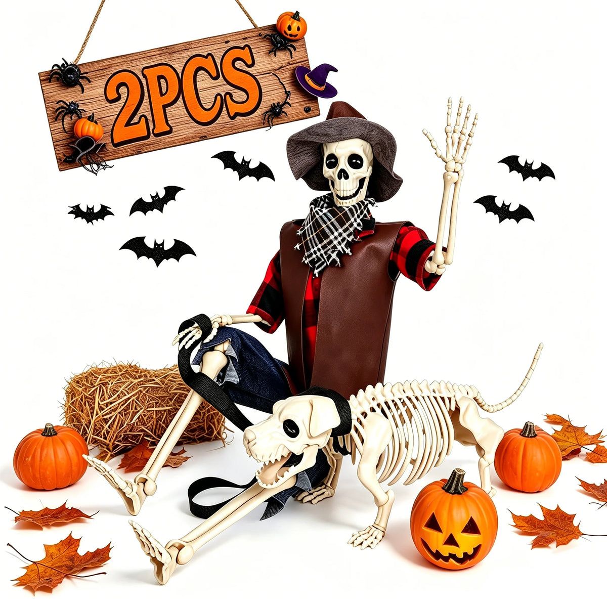 36" Halloween Skeleton Decorations, Posable Skeleton & Dog Outdoor Decor Creepy Halloween Farmer/Cowboy Themed Set