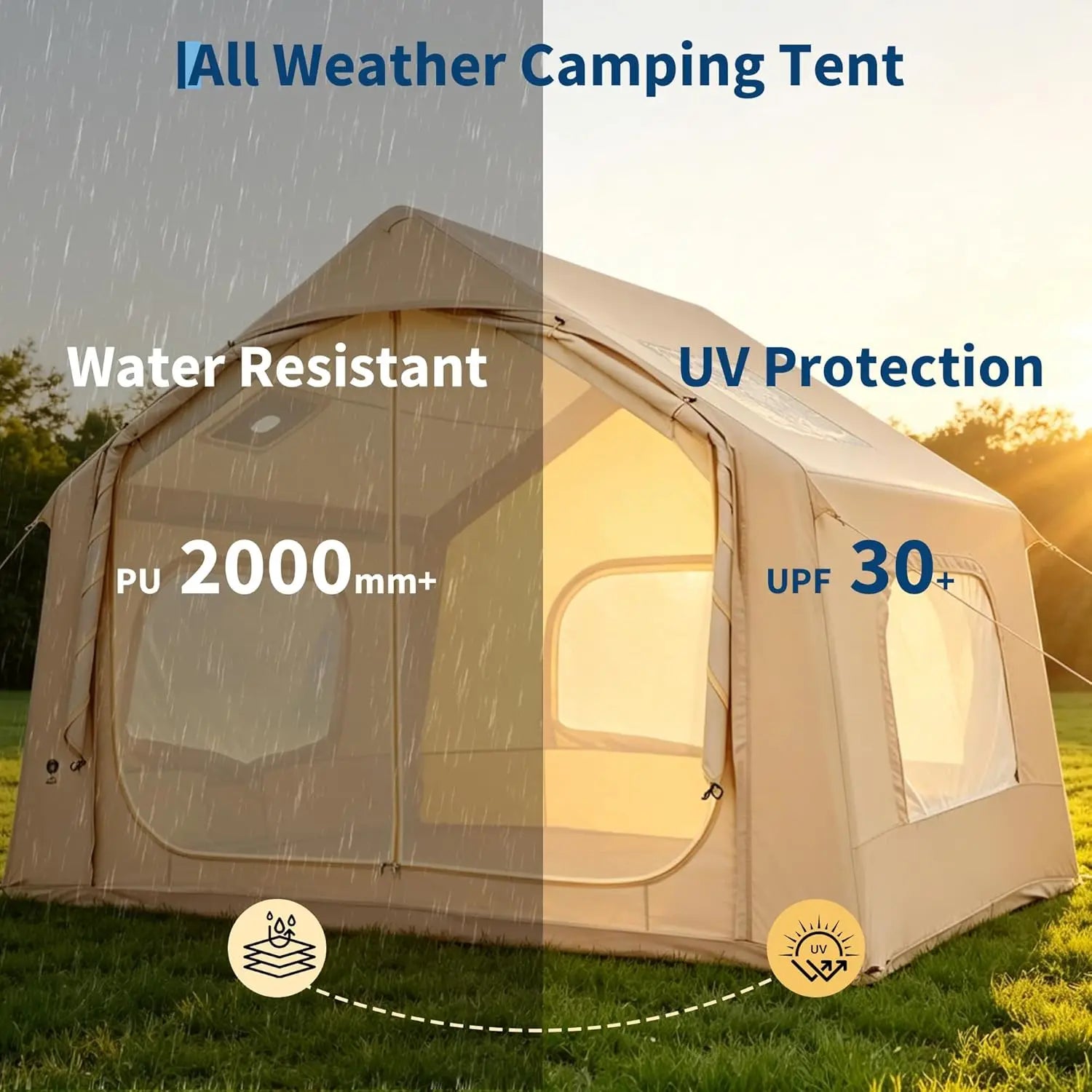 Garvee with Skylight & Stove Jack 210D Oxford Air Glamping Tents, 3-5 Person Inflatable Camping Tent, Quick Setup Blow Up Tent Hand Pump 4 Season Outdoor Beach Hiking