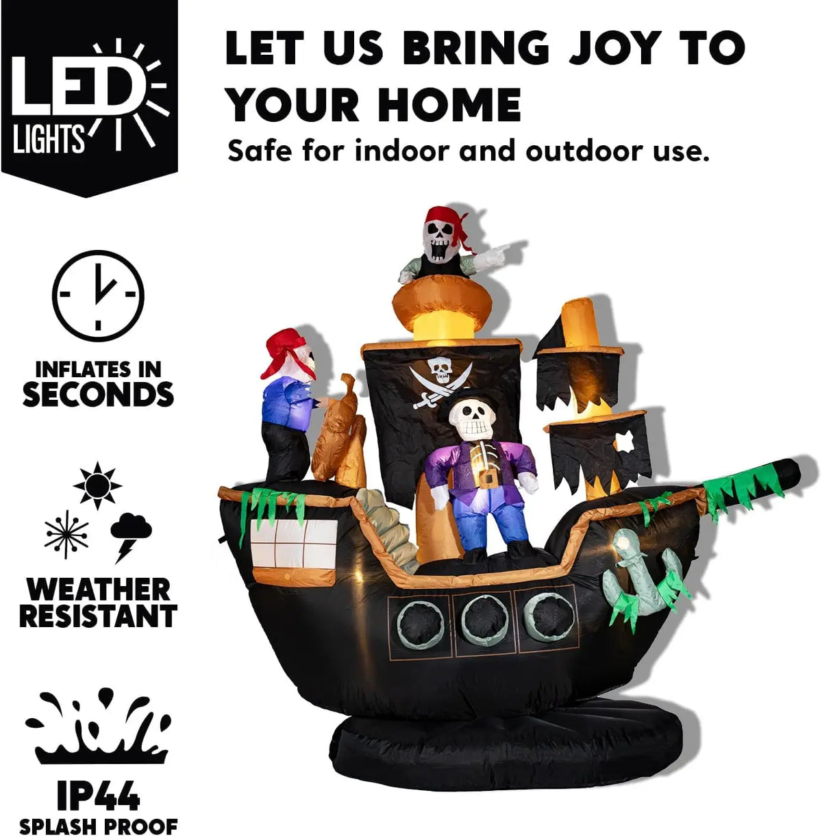 Outdoor Halloween Inflatable Pirate Ship Decor with Skeletons & Ghosts, 7FT Tall, Built-in LED Lights, Waterproof, Includes Fan, Weight Bag, Stakes & Strings