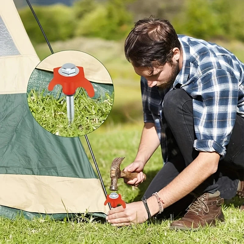 Heavy-Duty 4pcs Iron Hexagonal Threaded Tent Stakes - Red Plastic Handle & Metal Screws - Camping, and Outdoor Gear Accessories