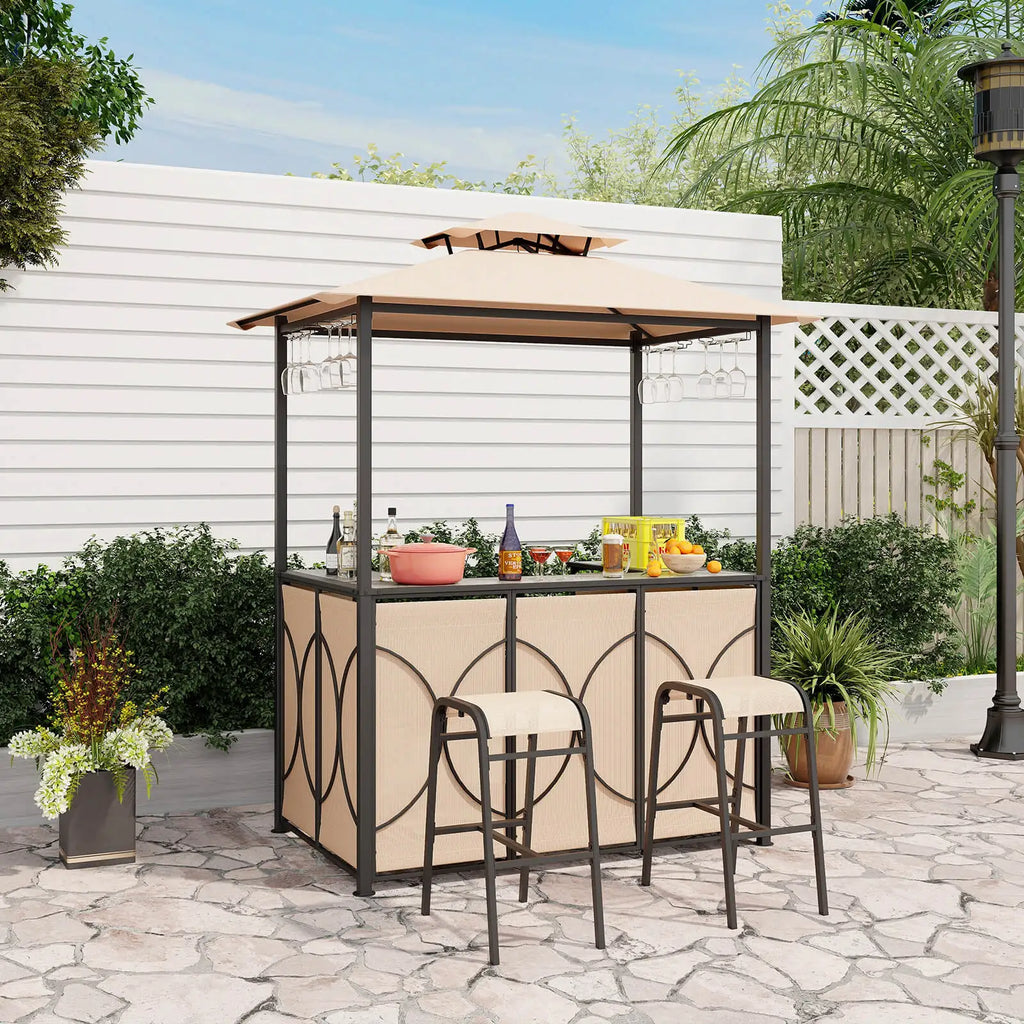 3 PCS Patio Bar Set with Tempered Glass Bar Table Metal Storage Shelves