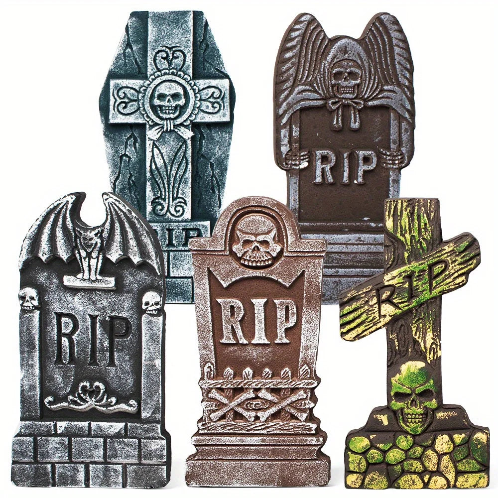 17'' Foam RIP Graveyard Tombstones Halloween Outdoor Decorations for Graves Decorations with 12 Metal Stakes for Cemetery Yard