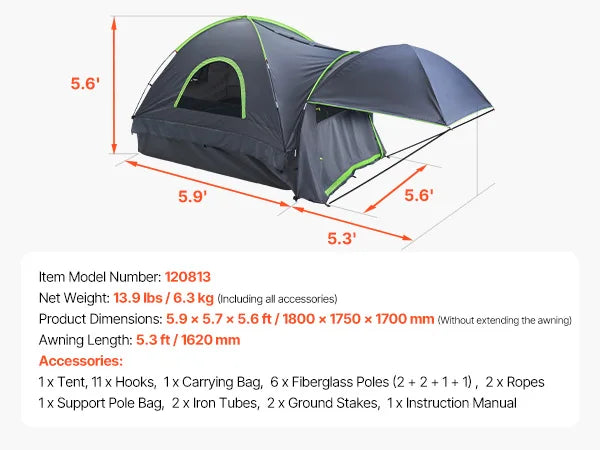 Pickup Truck Bed Tent Camping 2-3 Person  Expandable Awning