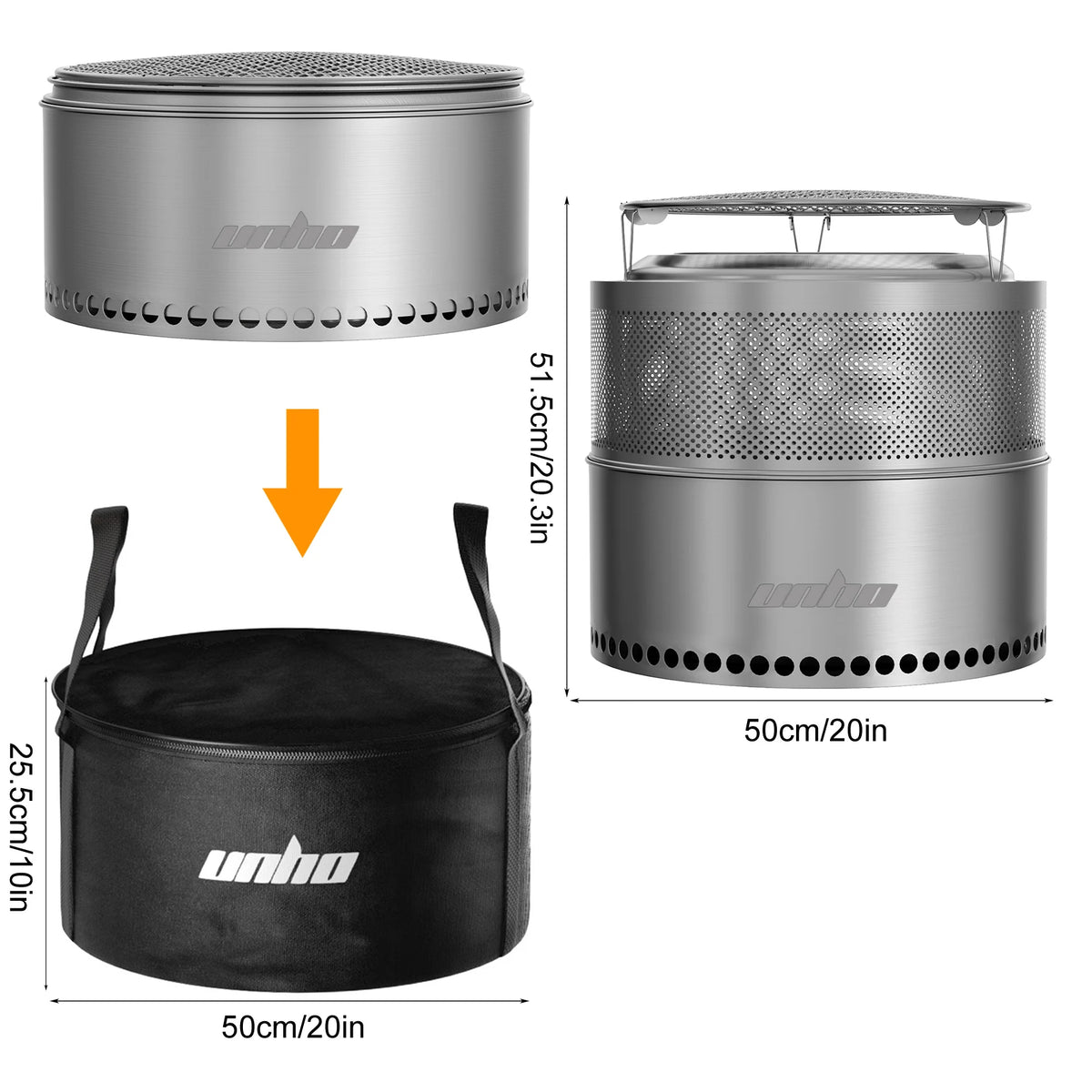 19-inch Smokeless Fire Pit, Used for Outdoor Wood Burning, Portable 304 Stainless Steel Camping Stove