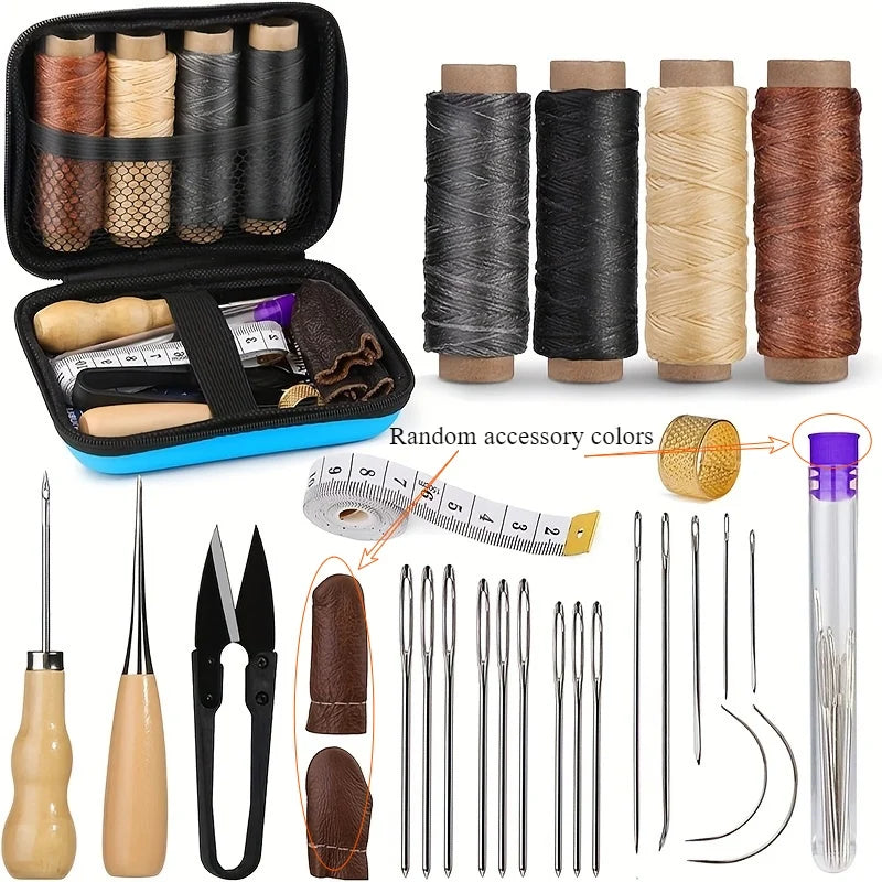 Leather Craft Sewing Kit Waxed Thread Hand Quilting Needles Sewing Awl，for Beginner , Stitching, Sewing