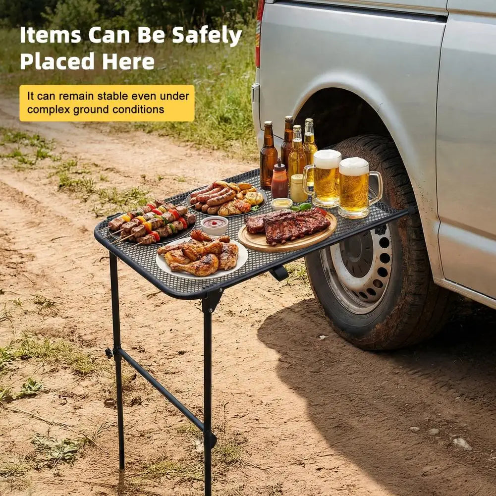 Tire Mount Camping Desk Adjustable Steel Folding Table for Tailgate Picnic Outdoor No Tool Installation Fits Car SUV Tire