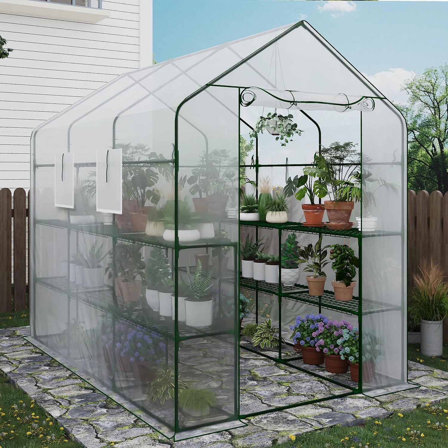57x85x77in Walk-In Greenhouse With 8 Shelves, PE Cover, Mesh Windows & Zipper Door, Heavy Duty Plant House