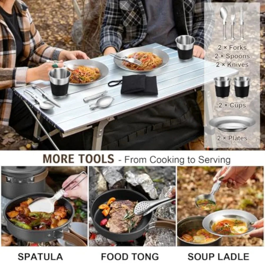18Pcs Camping Cookware Mess Kit, 7.8" Nonstick Camp Cooking Utensil Set Pot, Pan, Kettle, Grill Grate, Outdoor Gear