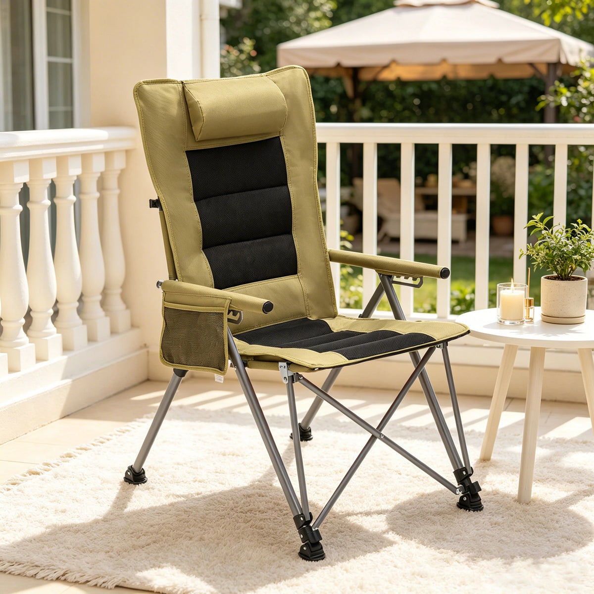 5-Position Adjustable Reclining Camping Chair, Heavy Duty Steel Frame Portable Outdoor Lounge Chair with Side Pocket & Carry Bag