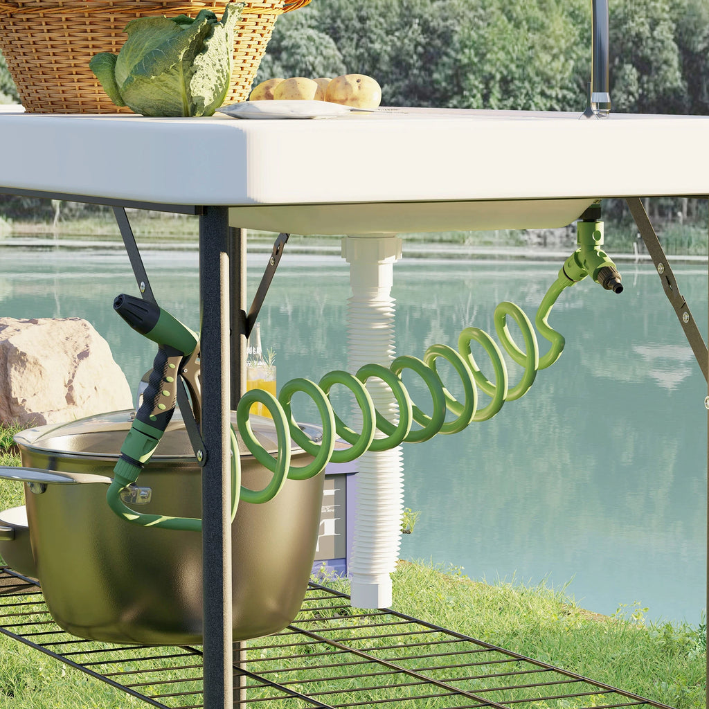 Folding Fish Cleaning Table with Sink, Faucet, Sprayer, White