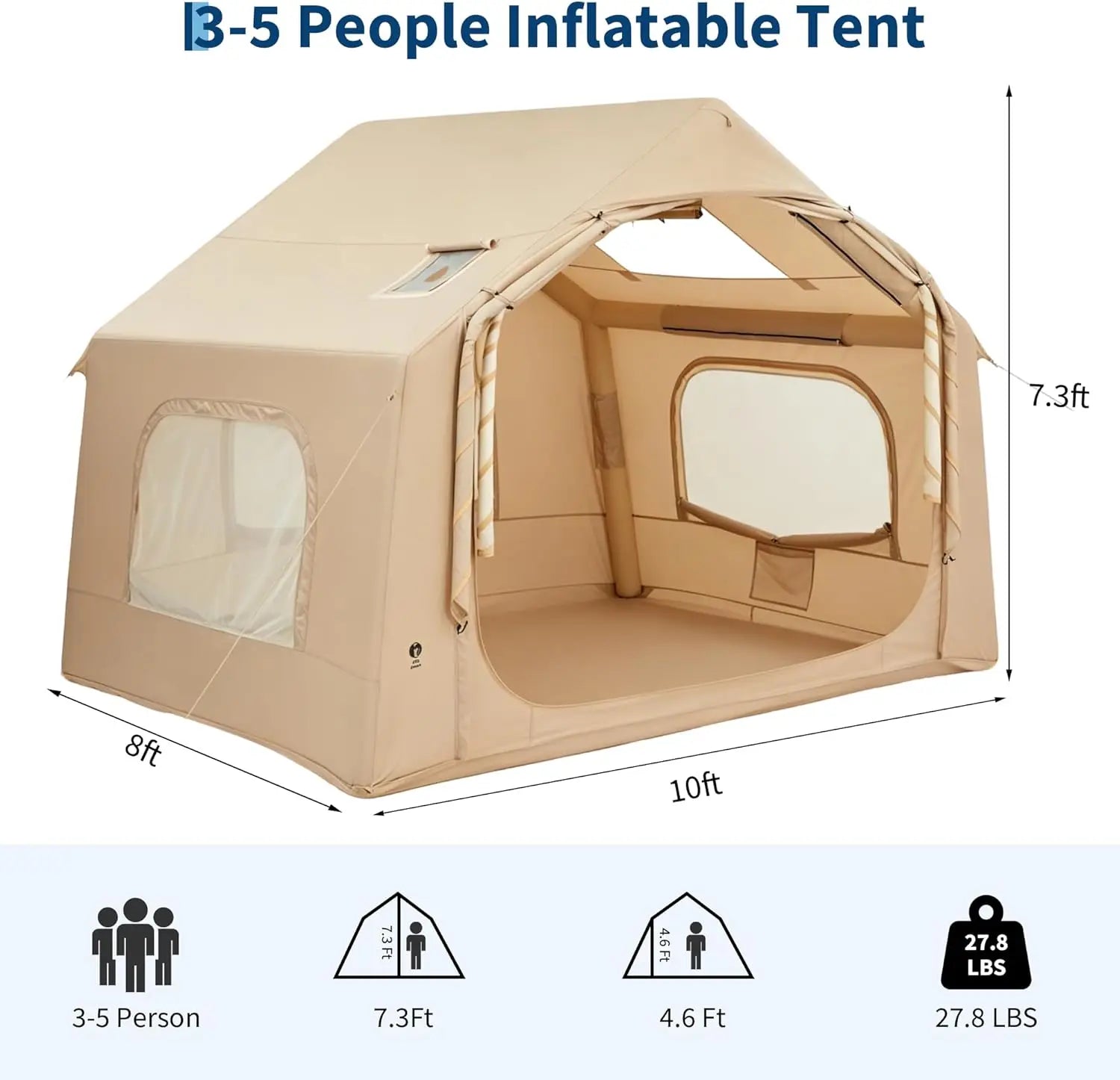 Garvee with Skylight & Stove Jack 210D Oxford Air Glamping Tents, 3-5 Person Inflatable Camping Tent, Quick Setup Blow Up Tent Hand Pump 4 Season Outdoor Beach Hiking