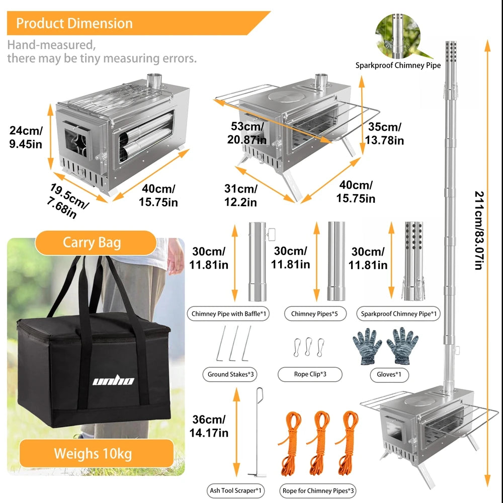 Portable Camping Wood Burning Stove Stainless Steel Tent Stove with 7 Chimney Pipes for Outdoor Camping