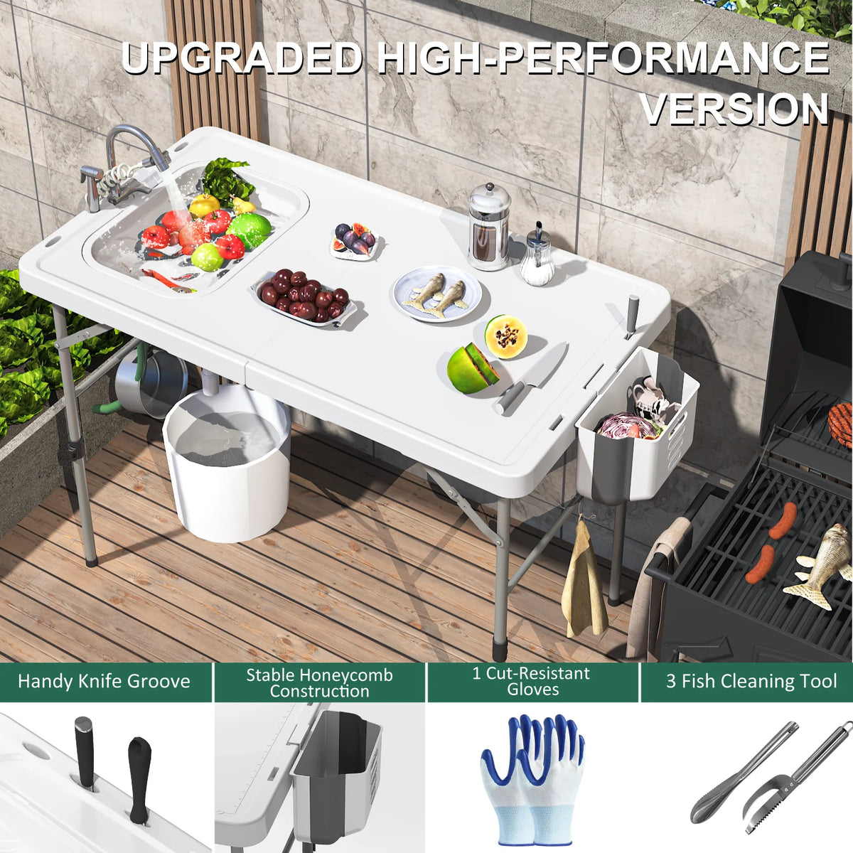49.8"Folding Fish Cleaning Table with Sink, Portable Camping Sink Station with Faucet, Sprayer, Gloves & Storage Bin, Outdoor Fillet Table for Picnic Beach Patio