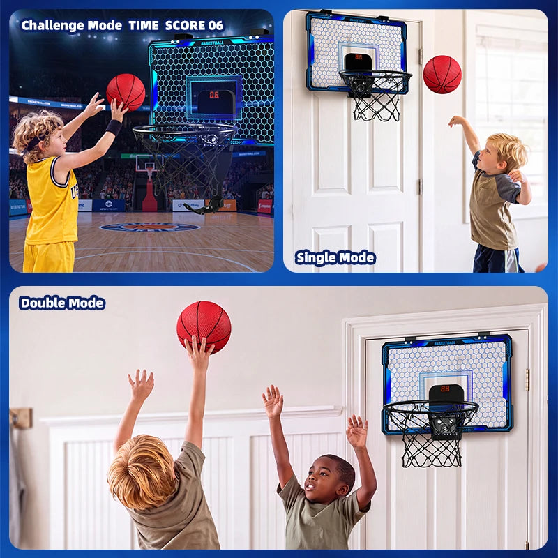 Basketball Hoop Wall-mounted Indoor/Outdoor Training Home Kids Basketball Toy, with 7 LED Lights Scoreboard