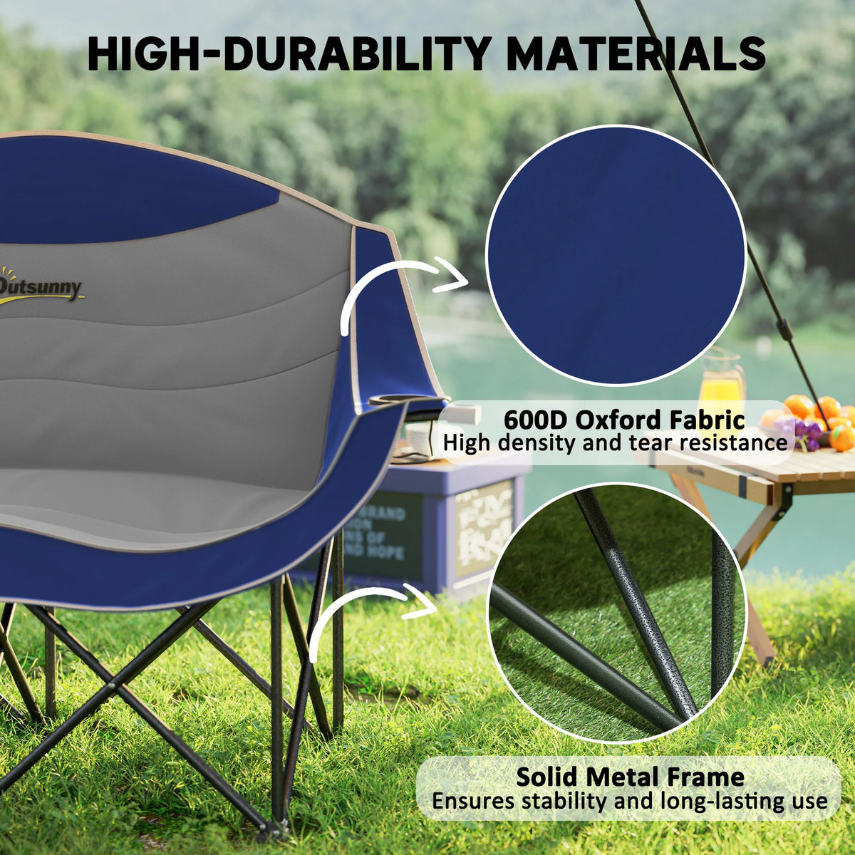 Double Camping Chair for Adults, Padded Folding Camp Chair, Blue