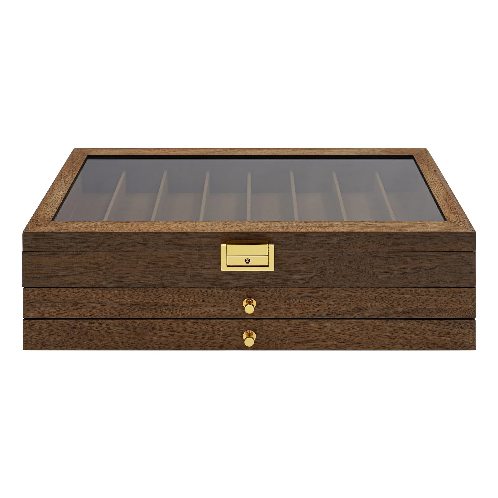 3-Tier Knife Storage Box with Lock & Glass Lid, 22 Compartments Walnut Camping Knives