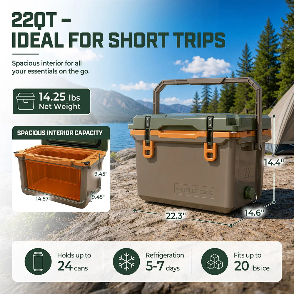 Khaki Grey Ultra Light Hard Cooler, 22QT Refrigerator 7-Day Cooling Leak Proof and Heavy-duty With All Terrain Wheels