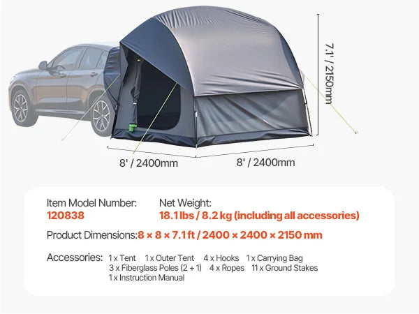 SUV Tent for Camping Waterproof PU2000mm Spacious Double Layer Design SUV Camping Tent with Shade Awning