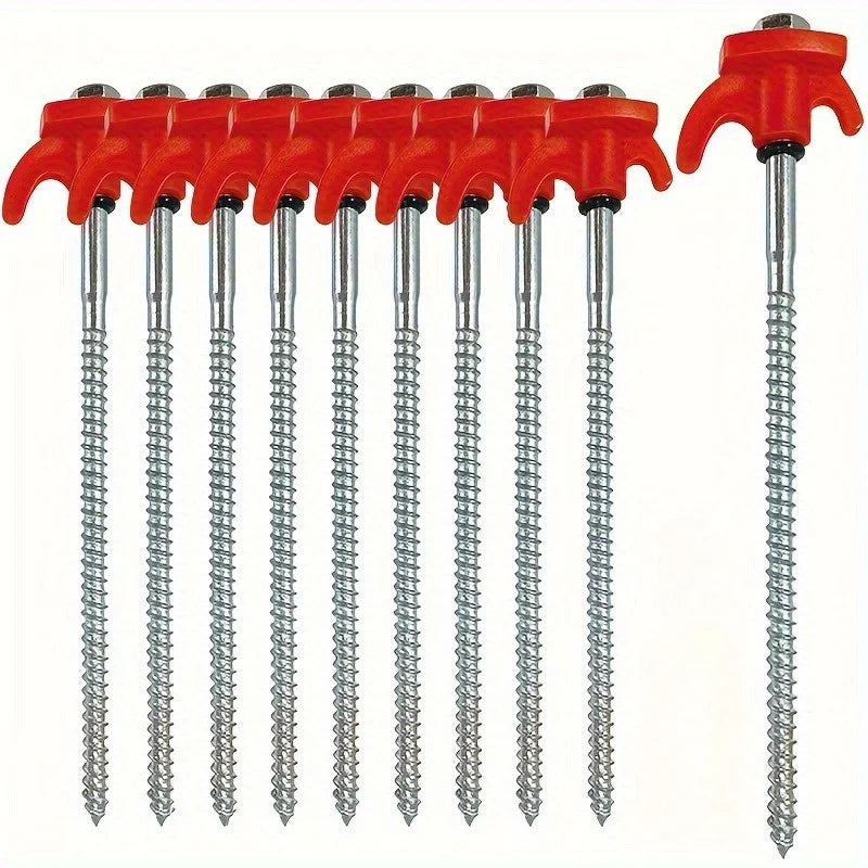 Heavy-Duty 4pcs Iron Hexagonal Threaded Tent Stakes - Red Plastic Handle & Metal Screws - Camping, and Outdoor Gear Accessories