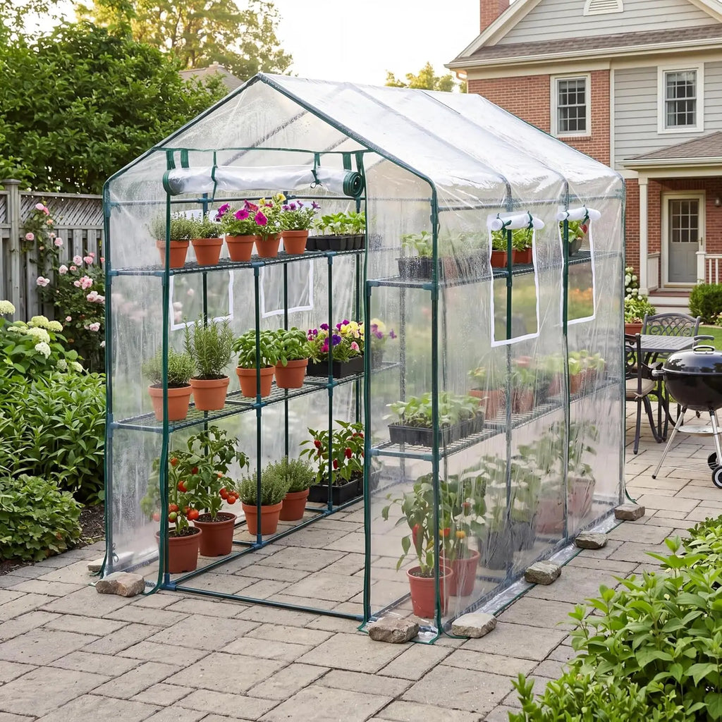 57x85x77in Walk-In Greenhouse With 8 Shelves, PE Cover, Mesh Windows & Zipper Door, Heavy Duty Plant House