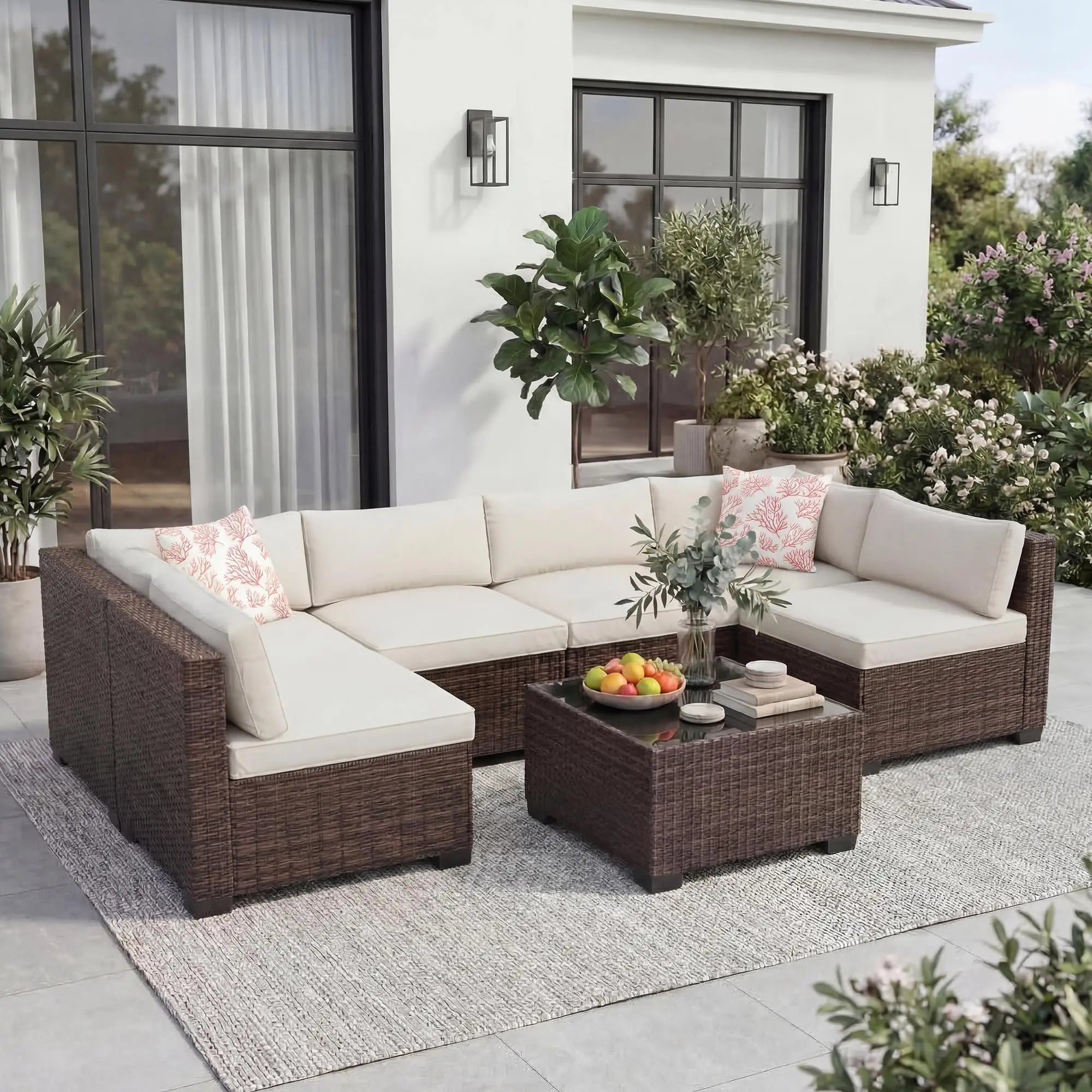 7-Piece Outdoor Patio Furniture Sectional Sofa Set With Ottoman & Storage Table Conversation Set Poolside Backyard