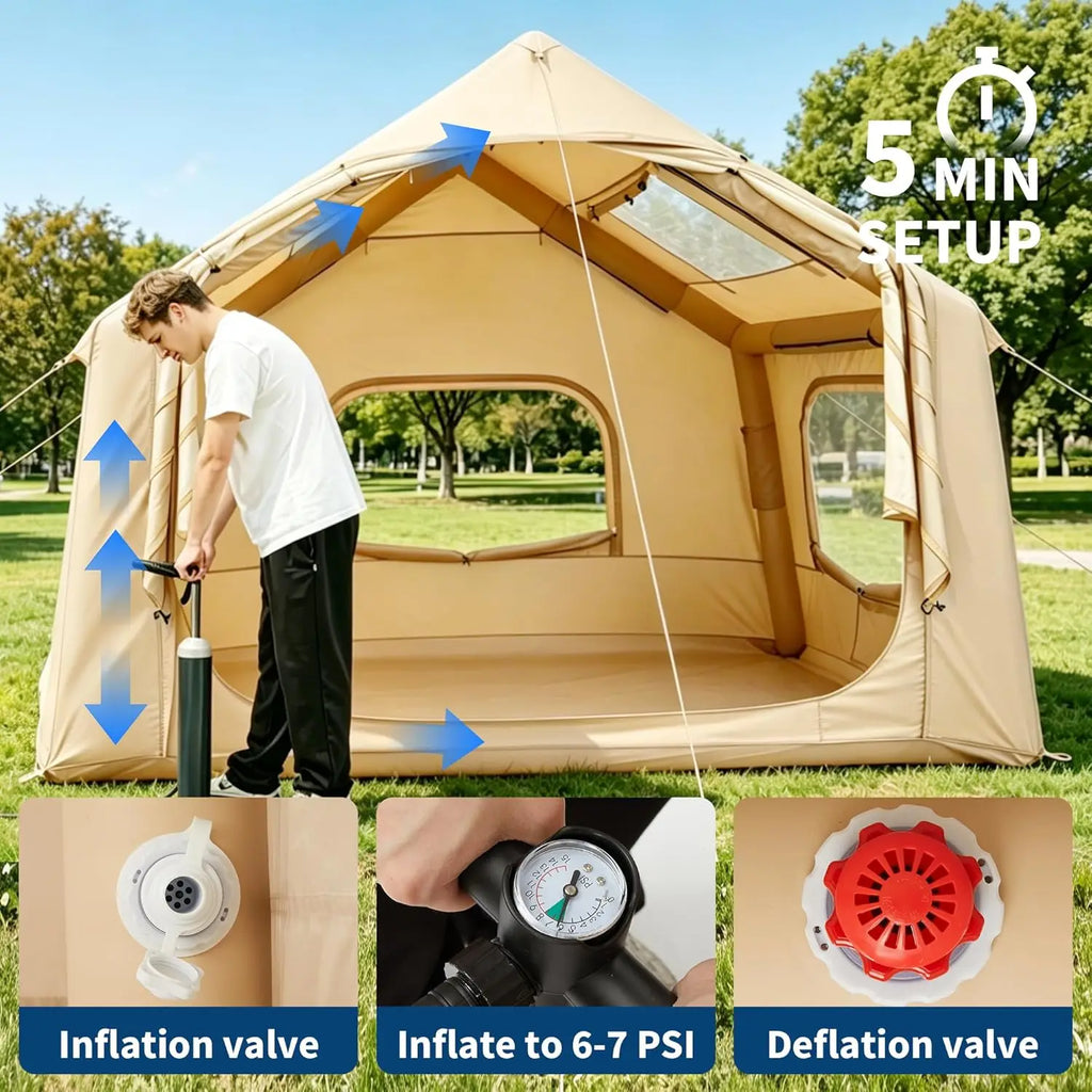 Garvee with Skylight & Stove Jack 210D Oxford Air Glamping Tents, 3-5 Person Inflatable Camping Tent, Quick Setup Blow Up Tent Hand Pump 4 Season Outdoor Beach Hiking