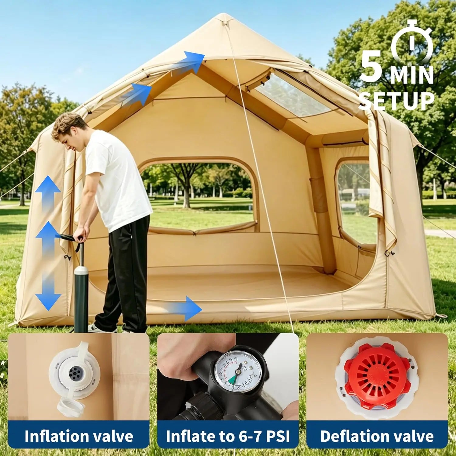 Garvee with Skylight & Stove Jack 210D Oxford Air Glamping Tents, 3-5 Person Inflatable Camping Tent, Quick Setup Blow Up Tent Hand Pump 4 Season Outdoor Beach Hiking