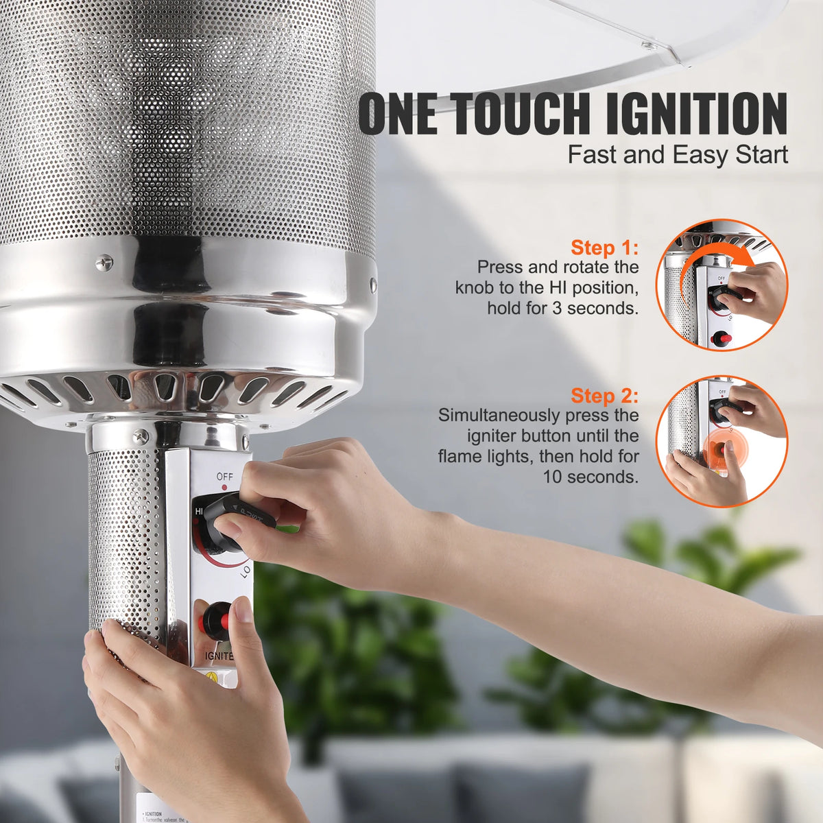 Patio Heater for Outdoor Use Tall Hammered With Round Table Design Metal Burner and Wheels Fixed Flame Heater for Patio