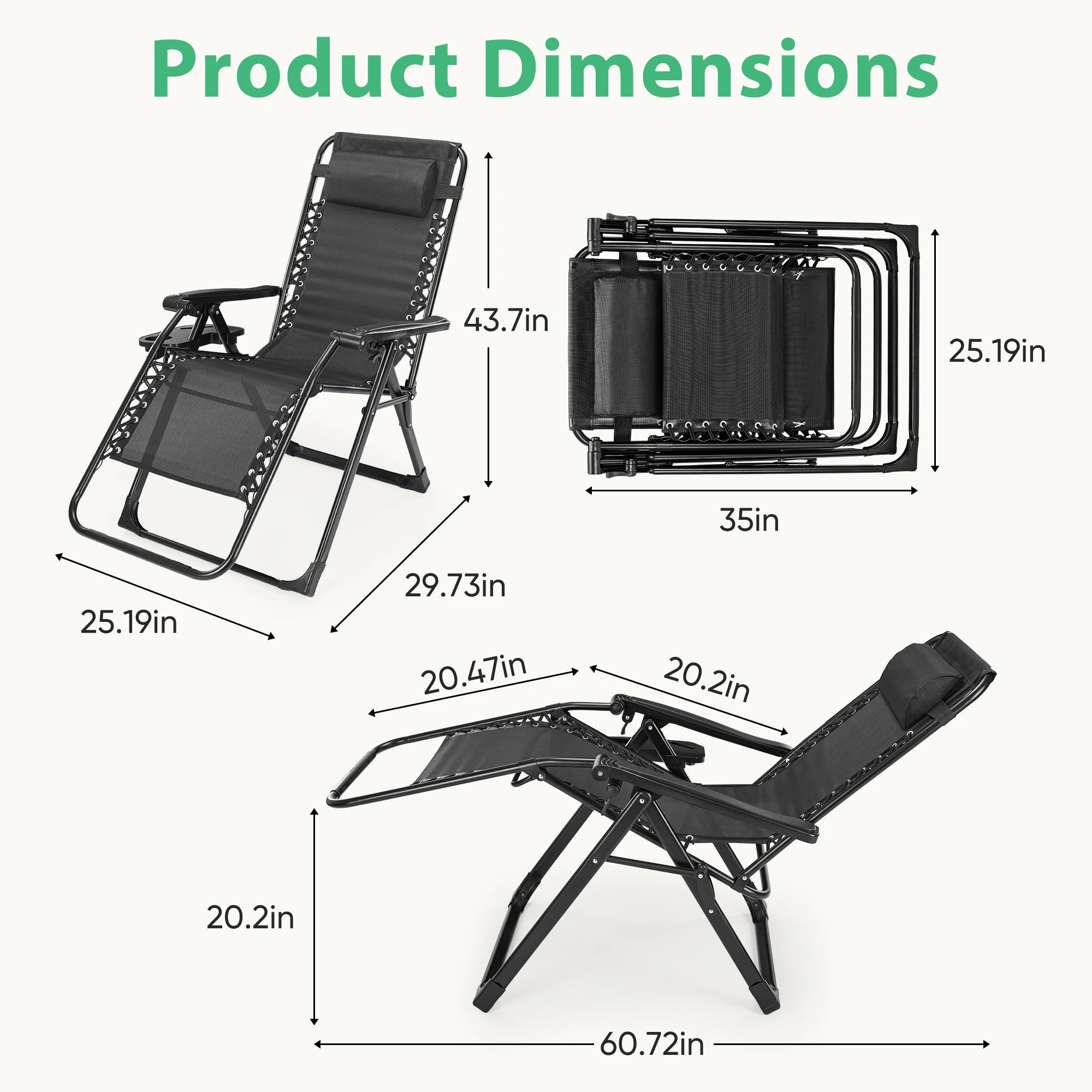 Zero Gravity Recliner Camping Patio Lounge Chair Folding Portable with Cup Holder Trays Removable Cushion