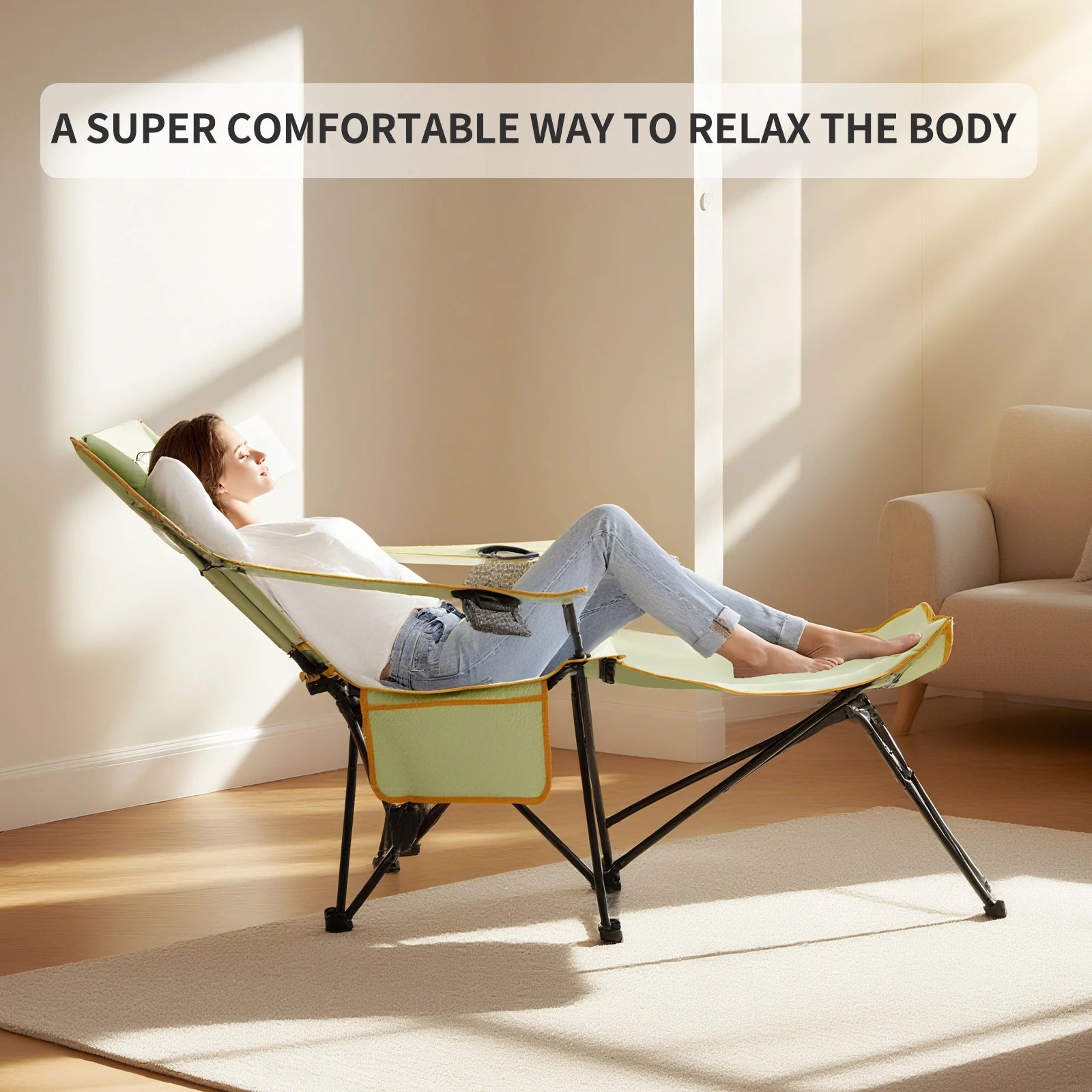 2-in-1 Reclining Camping Chair with Footrest, Foldable Outdoor Lounge Chair with Cup Holder