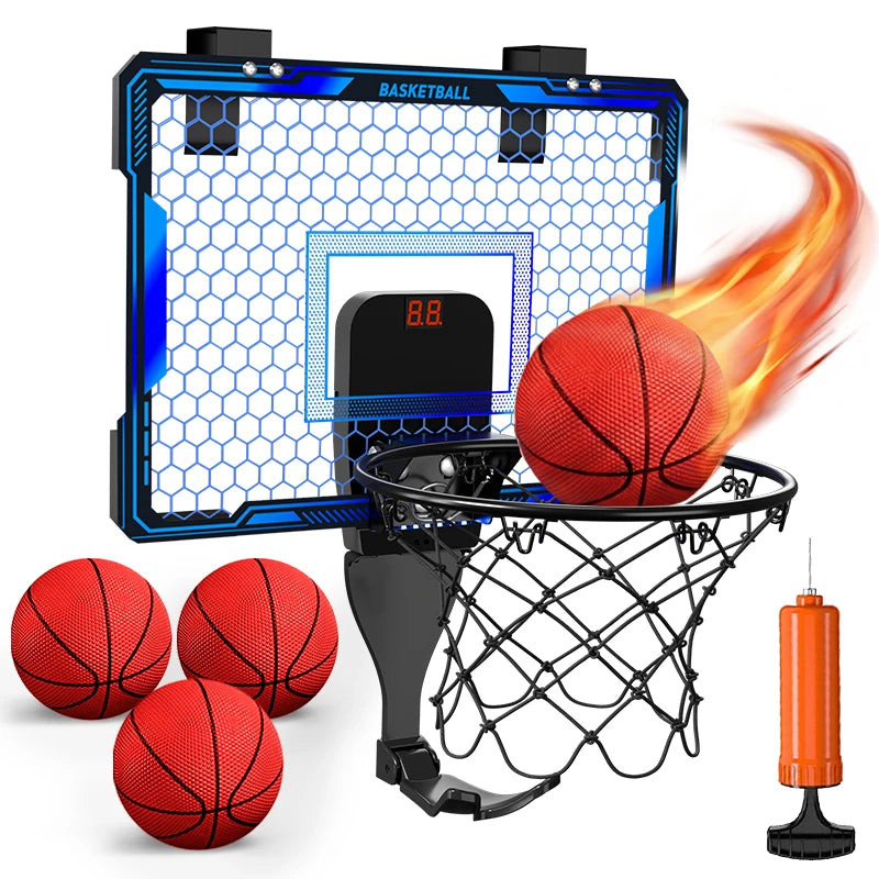 Basketball Hoop Wall-mounted Indoor/Outdoor Training Home Kids Basketball Toy, with 7 LED Lights Scoreboard