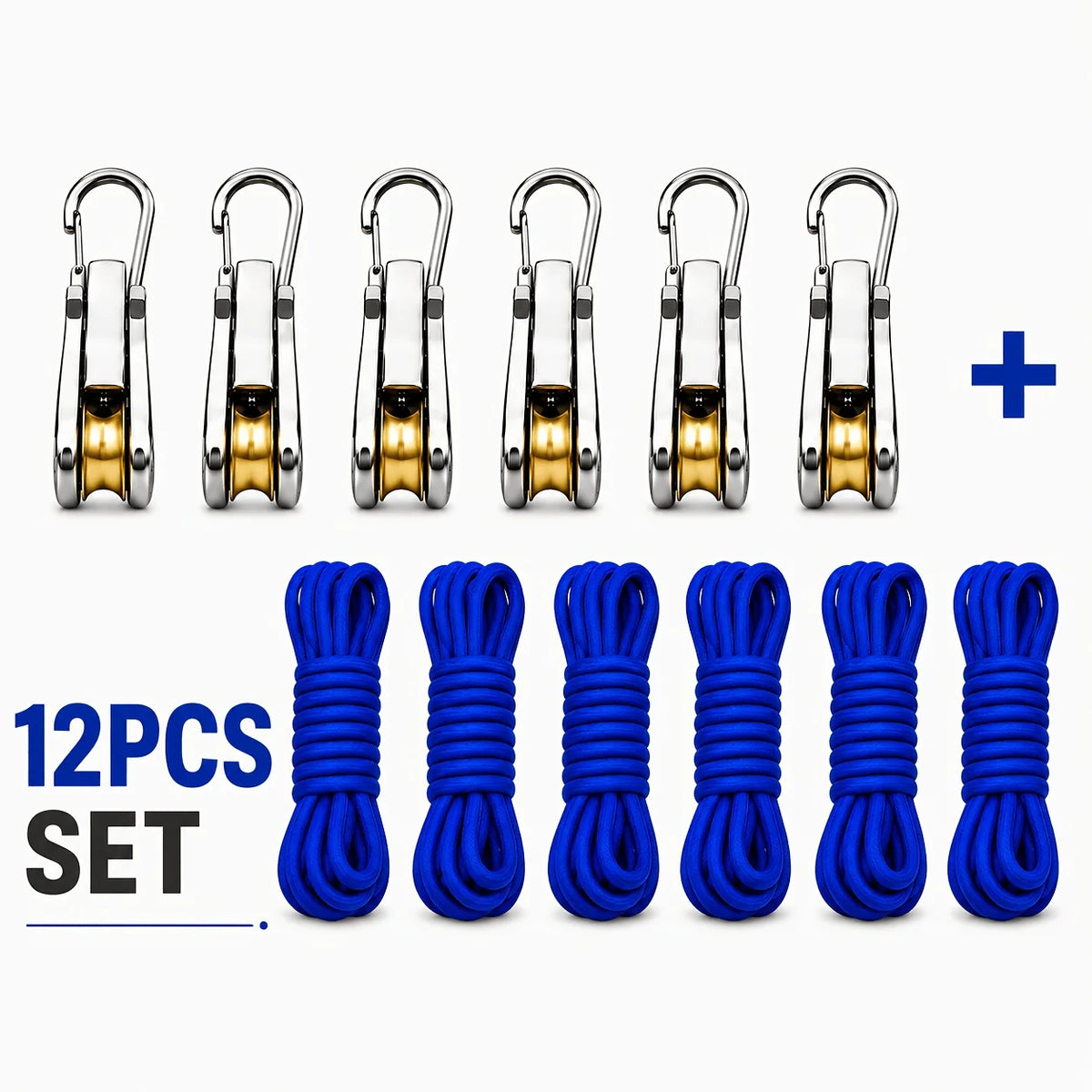 Roller Tensioner, Adjustable Pulley Latch, 66lbs, 6 Hooks + 6x3m Nylon Ropes for Tent Awning Clothesline Gear