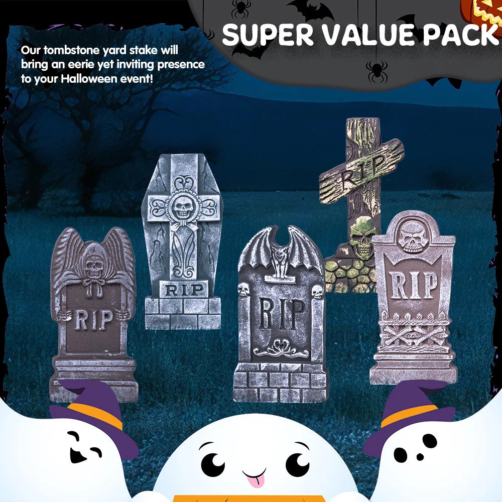 17'' Foam RIP Graveyard Tombstones Halloween Outdoor Decorations for Graves Decorations with 12 Metal Stakes for Cemetery Yard