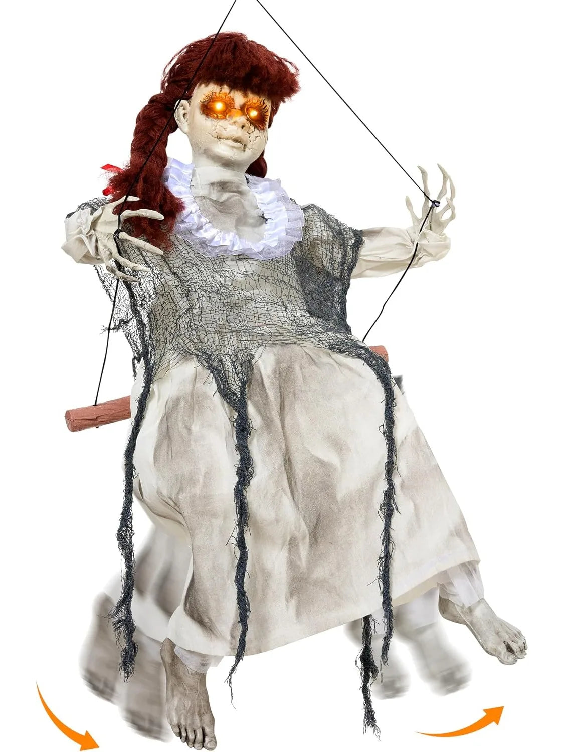 Hanging Scary Swing Girl Halloween Decorations Outdoor Swinging White Doll with Creepy Sound and Light Up Eyes
