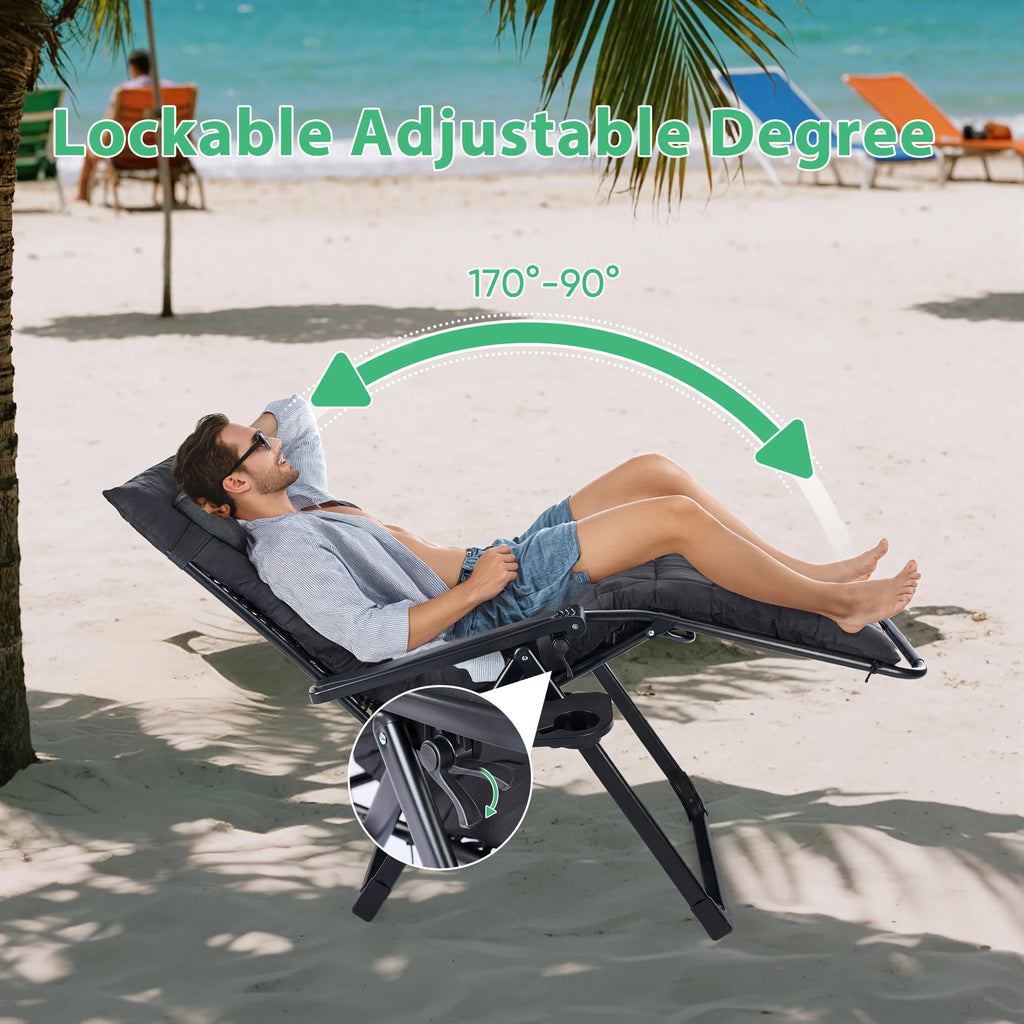 Zero Gravity Recliner Camping Patio Lounge Chair Folding Portable with Cup Holder Trays Removable Cushion