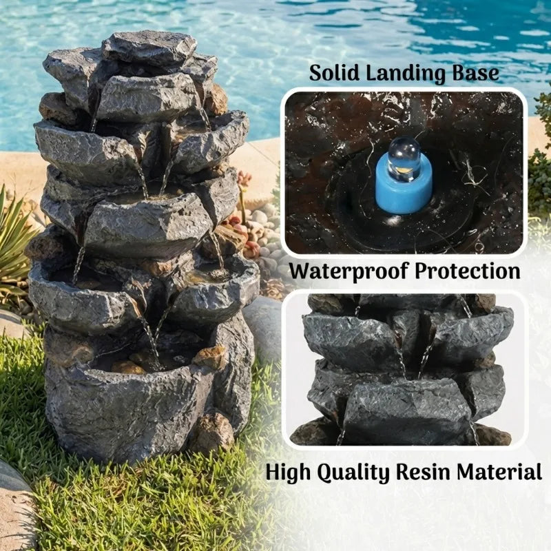 5-Tier Cascading Rock Water Fountain with LED Lights & Adjustable Water Flow, Waterfall Feature for Patio, Backyard