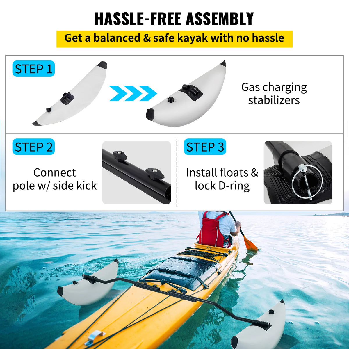 2 PCS Kayak Outrigger Stabilizers PVC Inflatable Outrigger Float with Sidekick Arms Rod Fit for Canoes, Fishing Boats