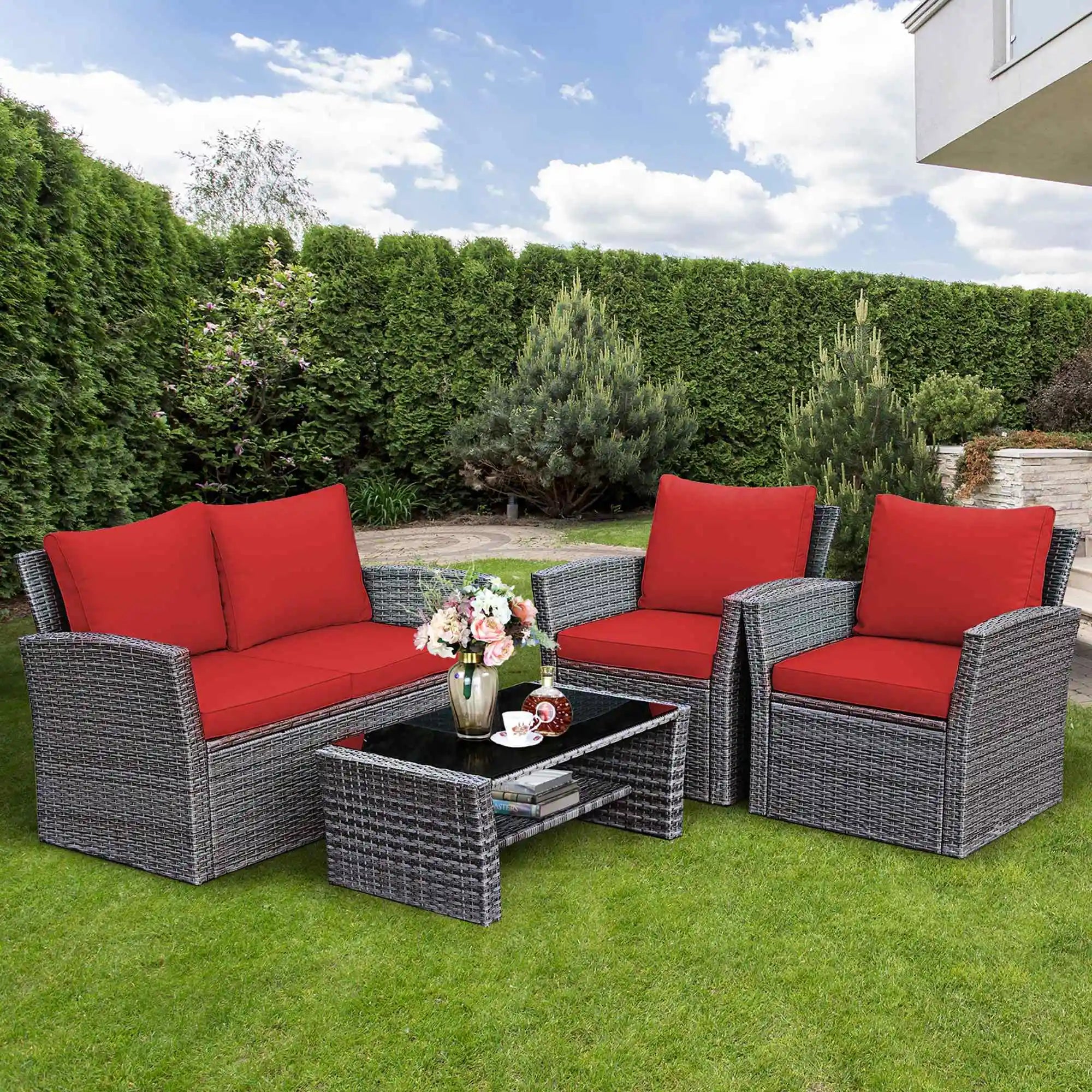 4PCS Patio Rattan Furniture Set Sofa Table Red Cushion