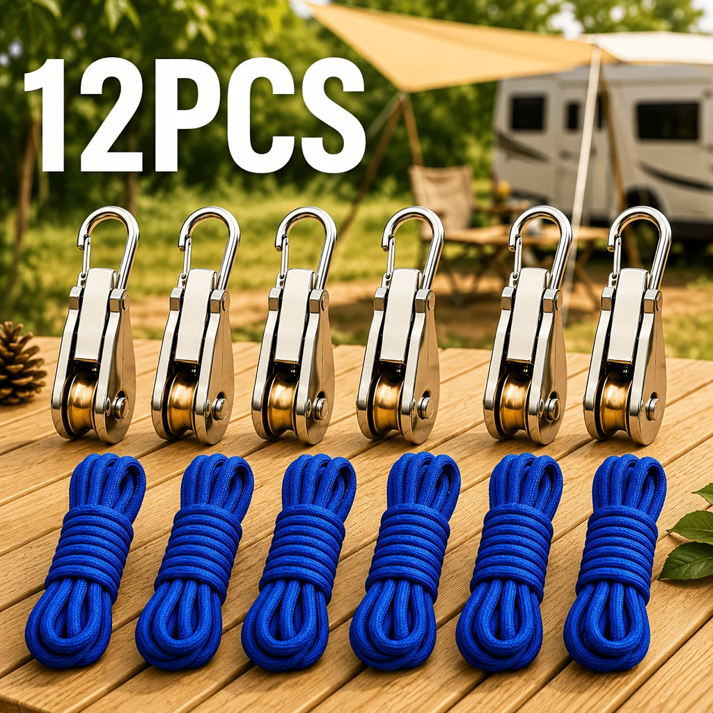 Roller Tensioner, Adjustable Pulley Latch, 66lbs, 6 Hooks + 6x3m Nylon Ropes for Tent Awning Clothesline Gear