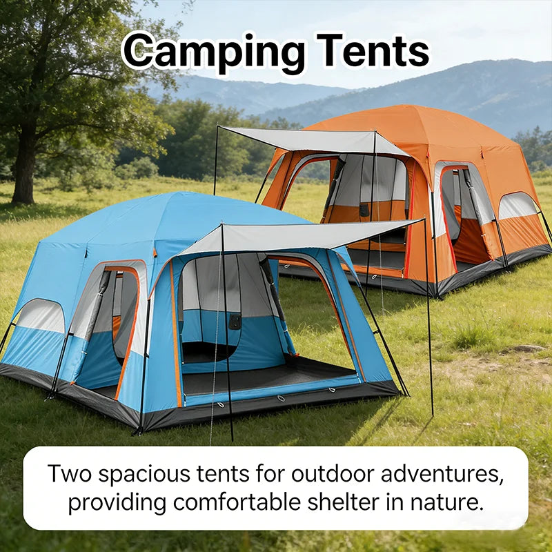 4/8/12-person outdoor family camping tent ; spacious interior ; mesh windows provide ventilation; windproof, waterproof