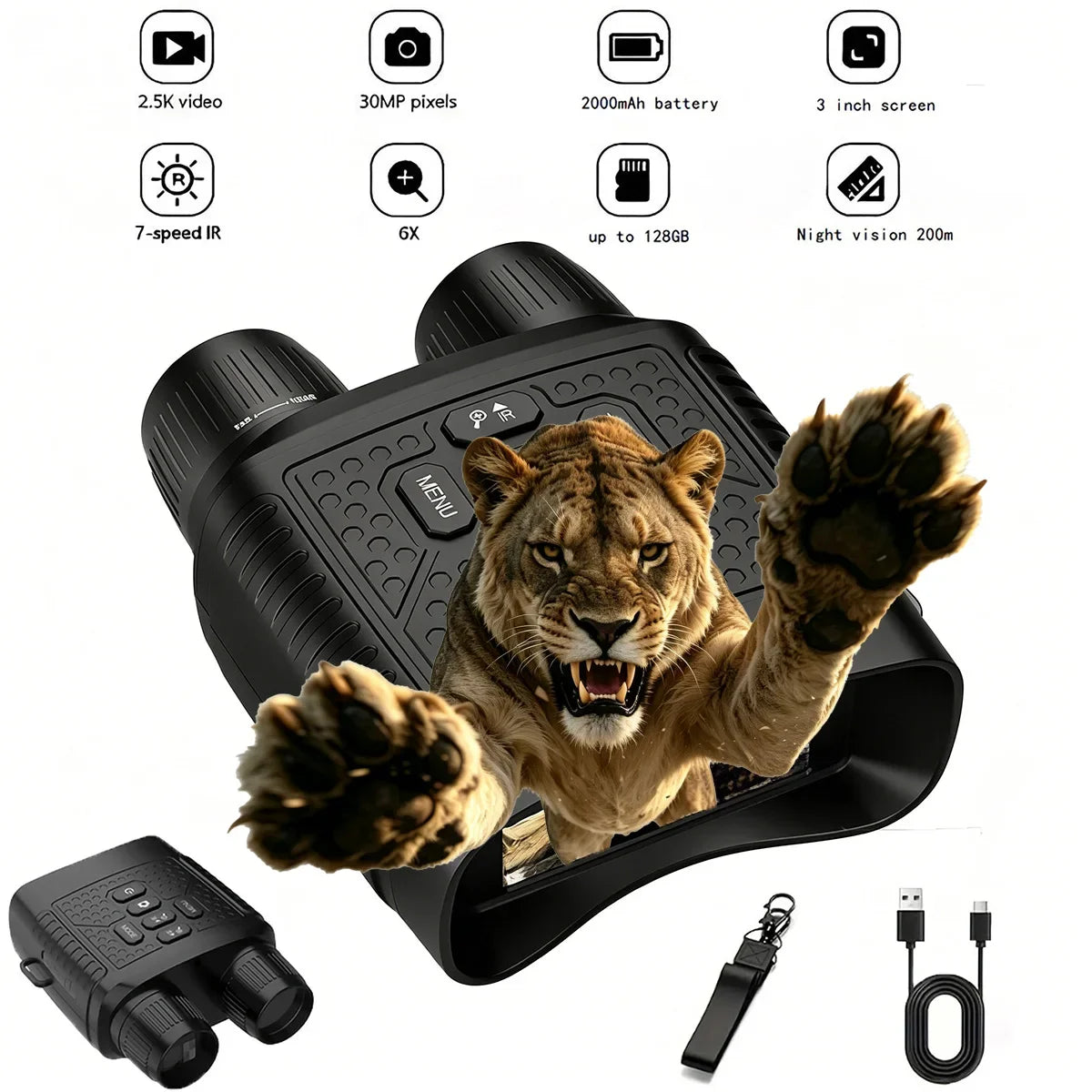 2.5K Digital Night Vision Binoculars 3" Large Screen 6X Digital Zoom Infrared Night Vision Goggles 800M Full Dark View Support Photo Video Recording Rechargeable