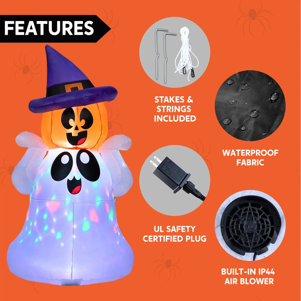 5 FT Tall Pumpkin Ghost Halloween Inflatable with Colorful LED Lights for Halloween Indoor Outdoor Holiday Yard Decoration