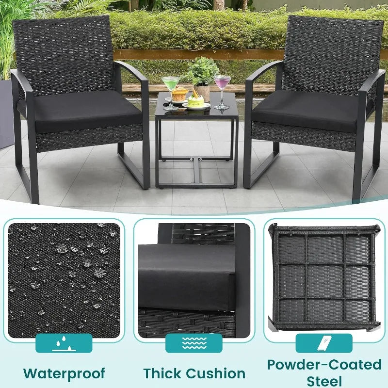 3 Piece Outdoor Wicker Bistro Set Rattan Patio Conversation Set with Coffee Table and Washable Cushions
